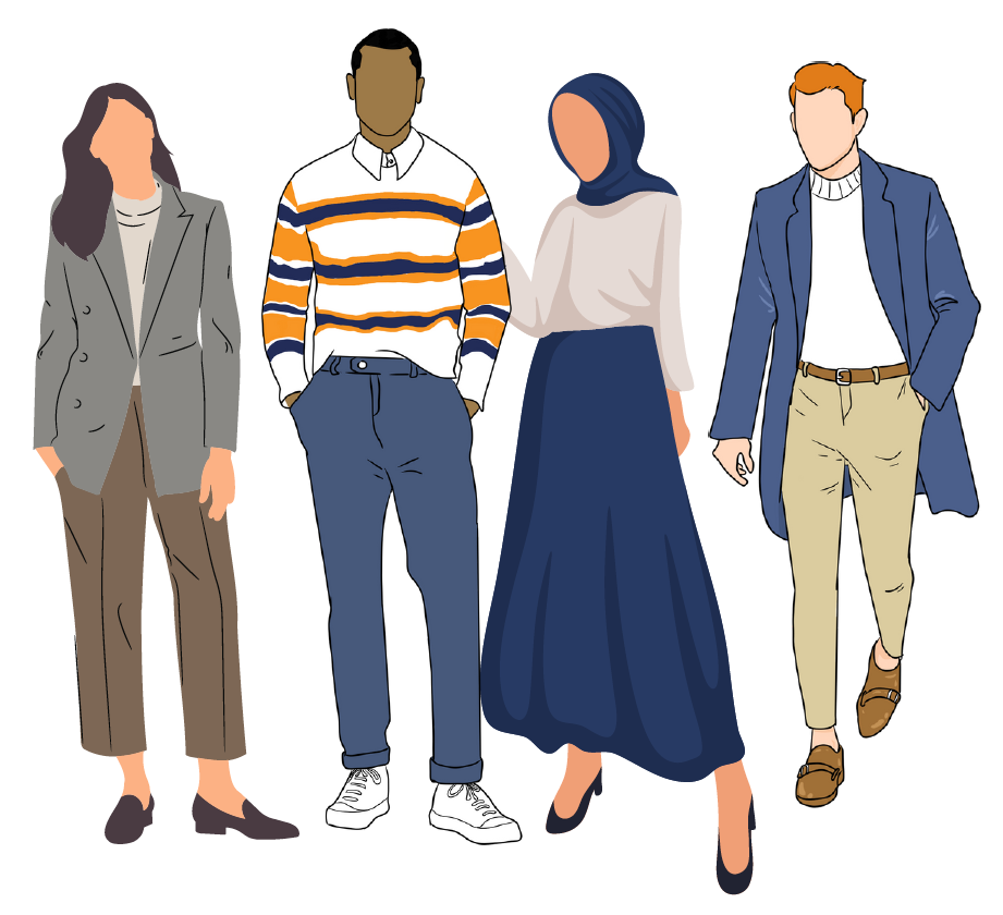 Illustration of men and women dressed appropriately for job interview.